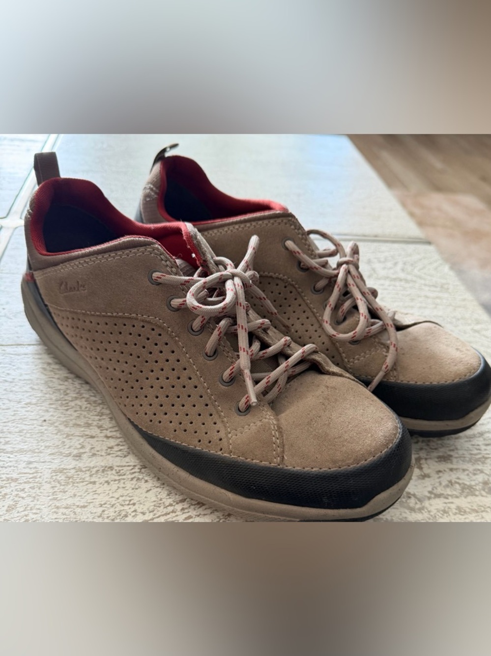 Clarks Men’s Tan Suede Sneakers with Black Trim and Red Lining